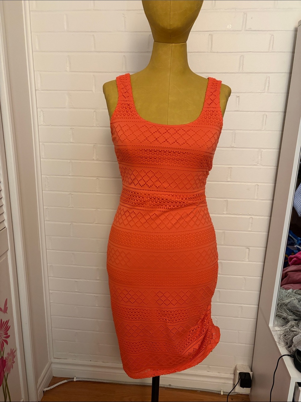 Guess Bright Coral Crochet Midi Dress
